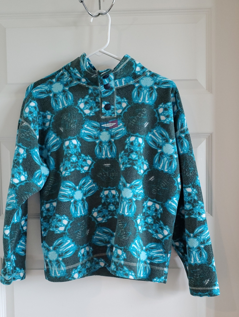O'neill Unisex Teal and Dark Gray Floral Snap-Button Fleece Pullover